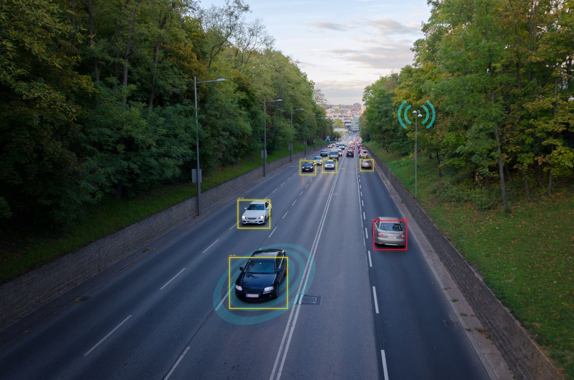 AI smart city traffic cameras monitoring concept. Street with cars. Counting cars, recording license plates, measuring speed, Wi-Fi